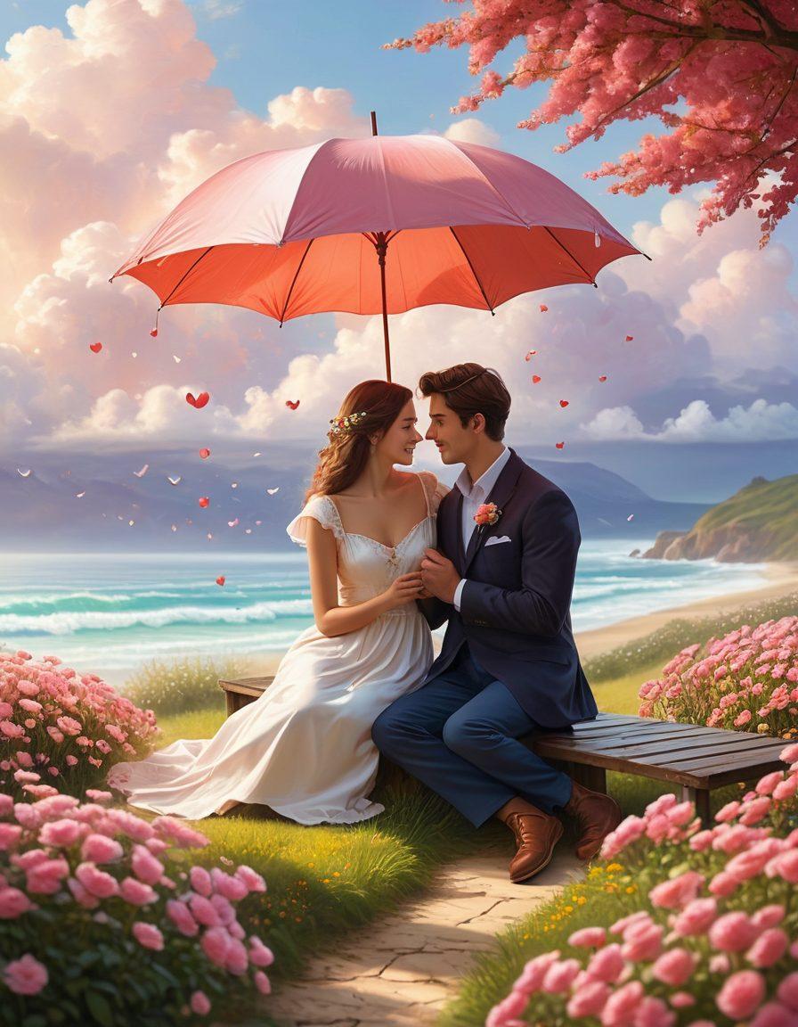 A cozy couple sitting together under a protective heart-shaped umbrella, surrounded by soft clouds and warm sunlight, symbolizing love and security. Include elements like small shields and heart icons floating around them to represent relationship insurance. The background features a serene landscape with blooming flowers and gentle waves to evoke a sense of tranquility and care. soft focus. vibrant colors. romantic illustration.