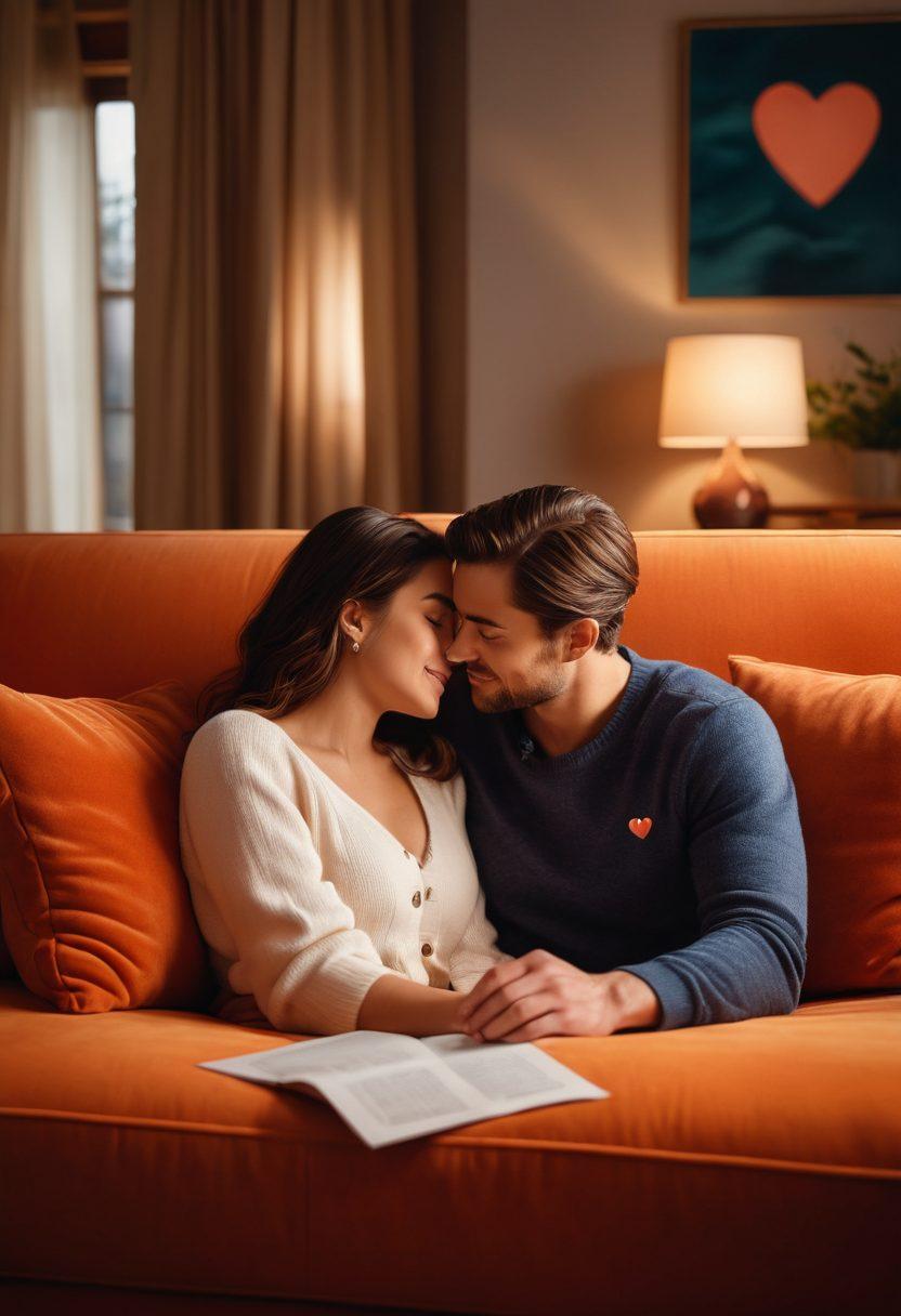 A cozy couple sitting together on a sofa, surrounded by floating heart icons symbolizing love and security. In the background, there's a shield with a heart emblem representing protection, and small insurance policy documents gently scattered around. Warm, soft lighting creates an inviting atmosphere. super-realistic. vibrant colors. intimate focus.