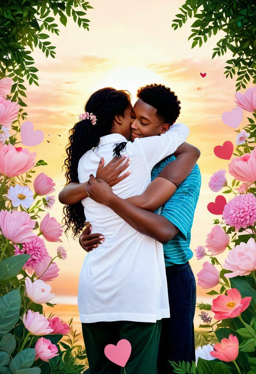 A warm and inviting scene depicting a diverse group of people engaging in acts of kindness and support, surrounded by symbols of love such as hearts, flowers, and light. The background features a soft sunrise symbolizing new beginnings, while the foreground illustrates gestures of affection, like hugging and holding hands. Use soft, soothing colors to evoke a feeling of warmth and care. Delicate details in the illustrations should emphasize interconnectedness and compassion. super-realistic. vibrant colors. soft focus.